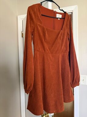 Francesca's Collections Rust Orange Corduroy Long-Sleeve Square-Neck Dress